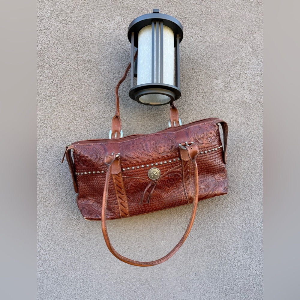 Vintage American West Hand-Tooled Leather Duffle Bag | Western Boho Satchel